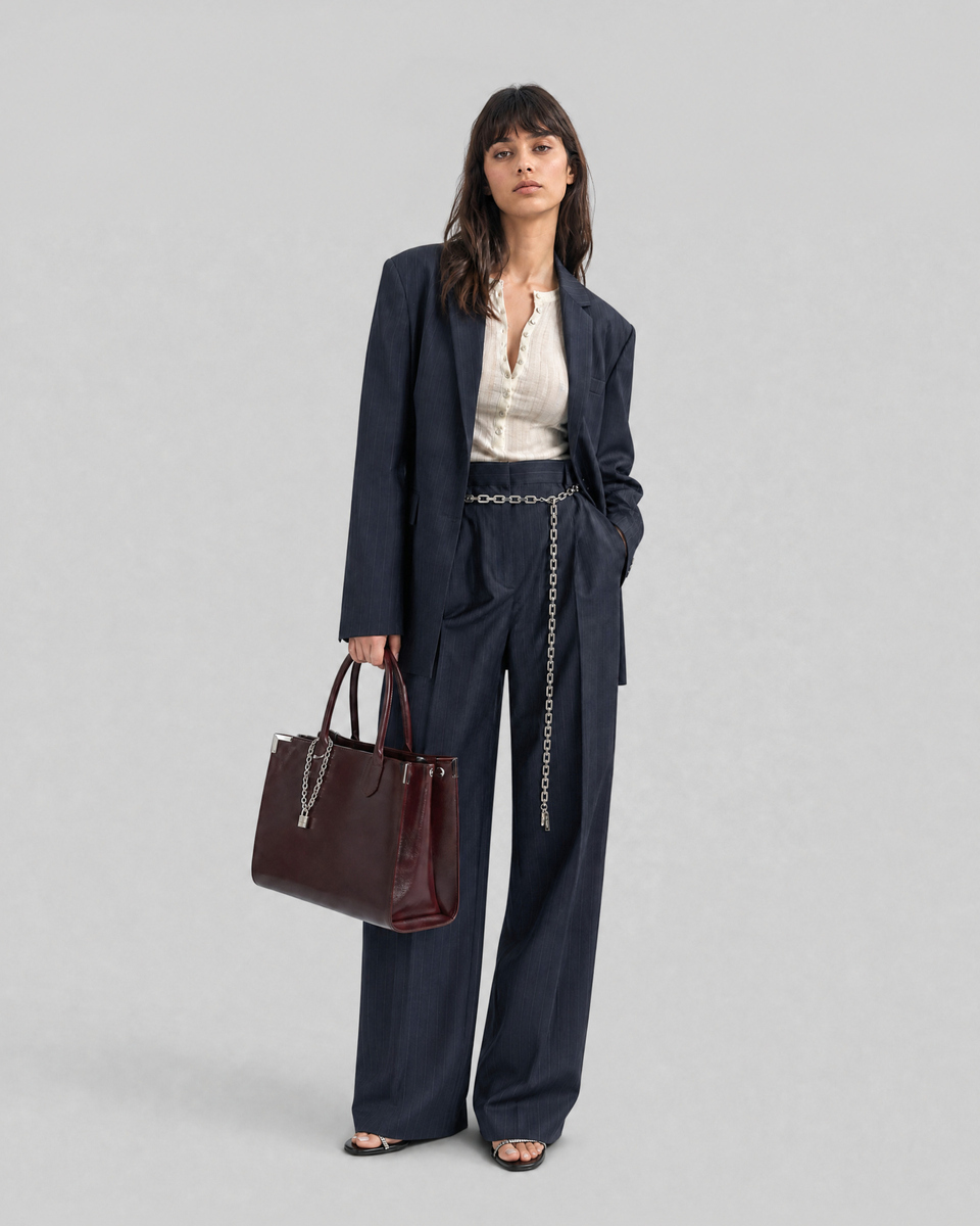 Wide-leg wool suit pants with a fine navy stripe pattern