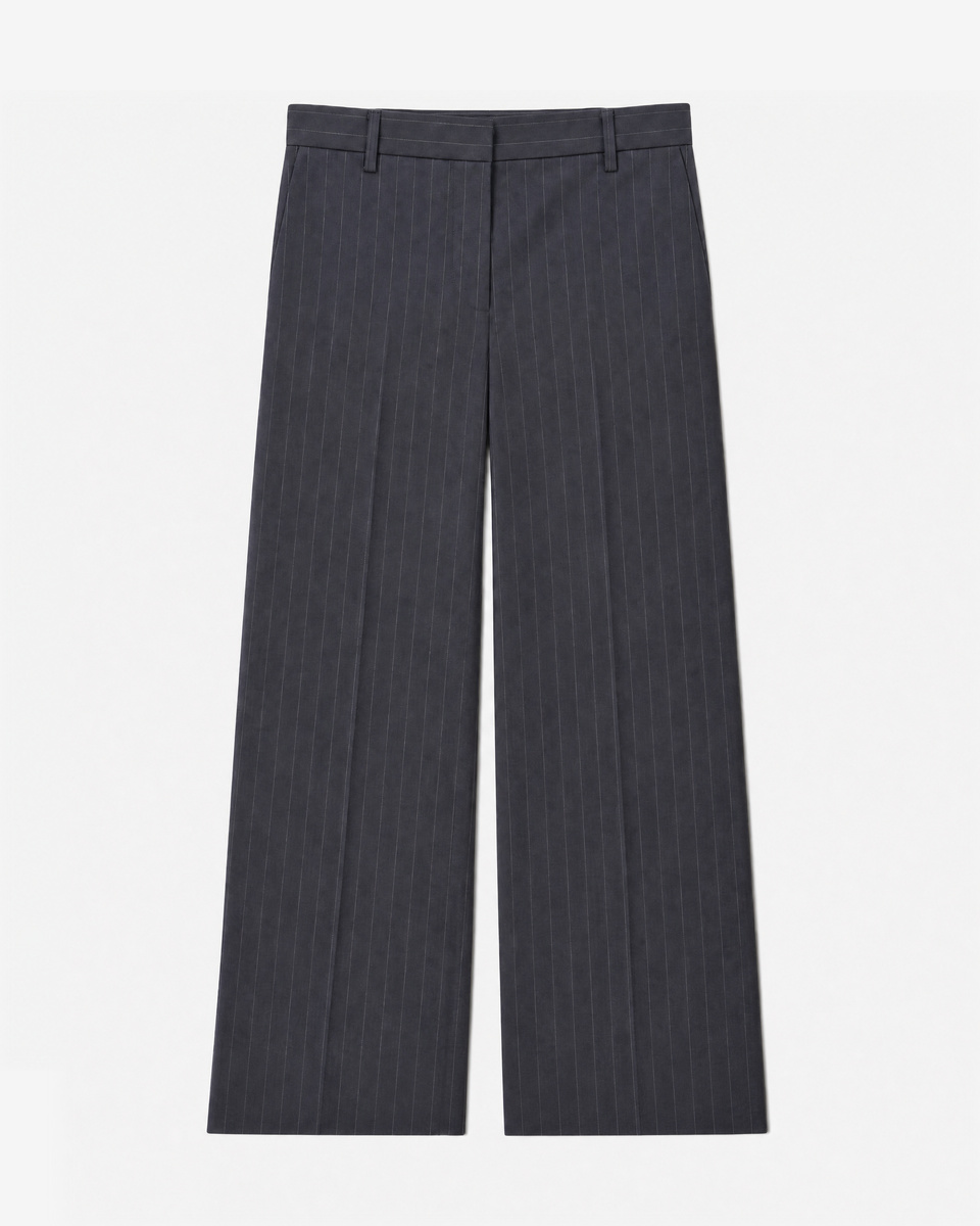 Wide-leg wool suit pants with a fine navy stripe pattern