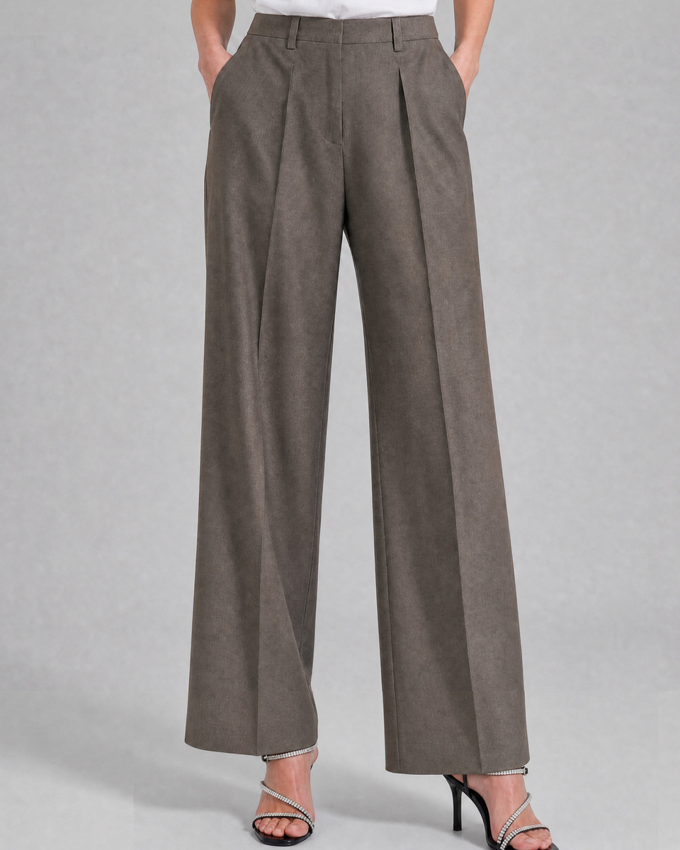 Wide-leg beige wool suit pants