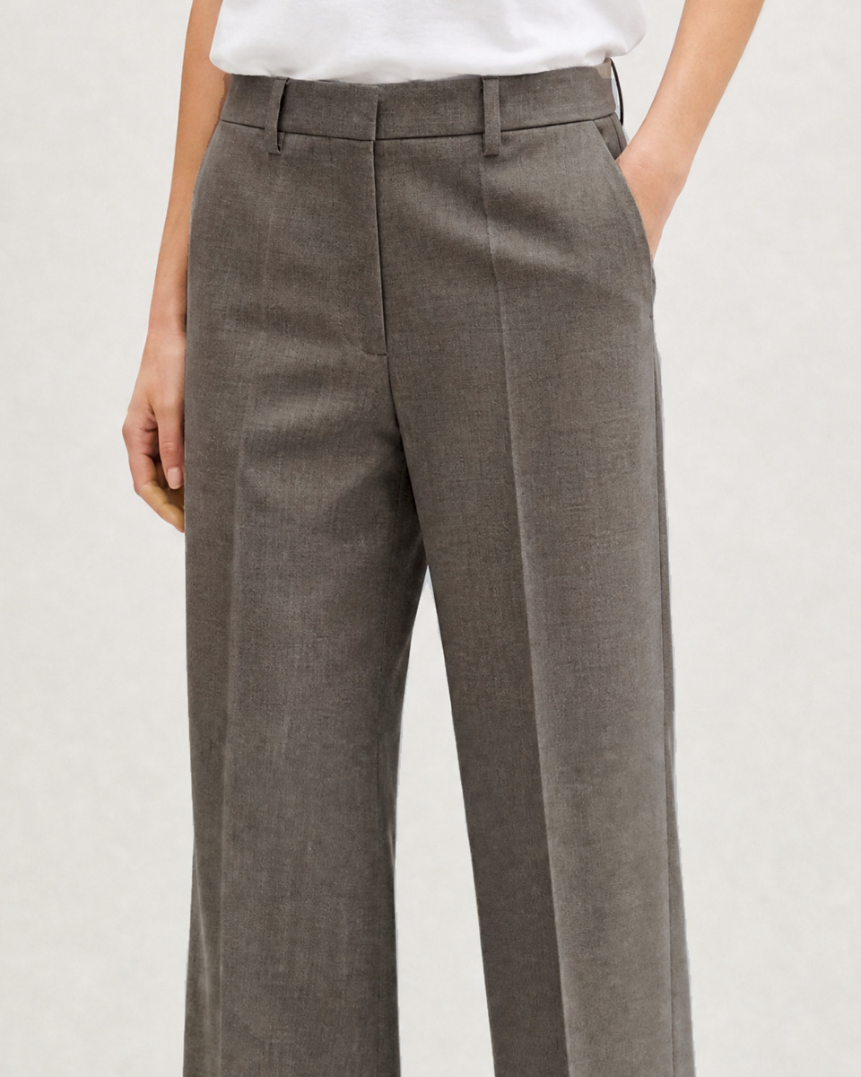 Wide-leg beige wool suit pants