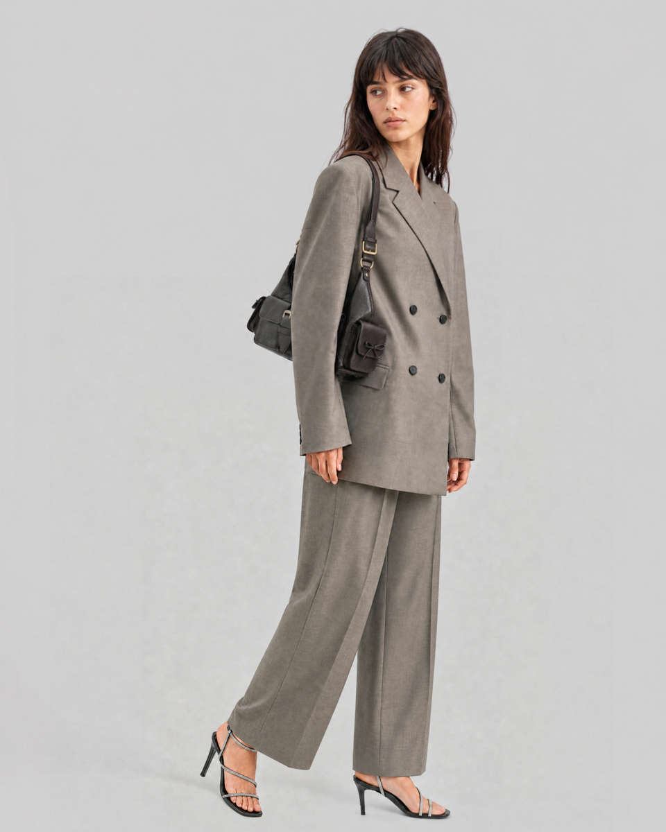 Wide-leg beige wool suit pants