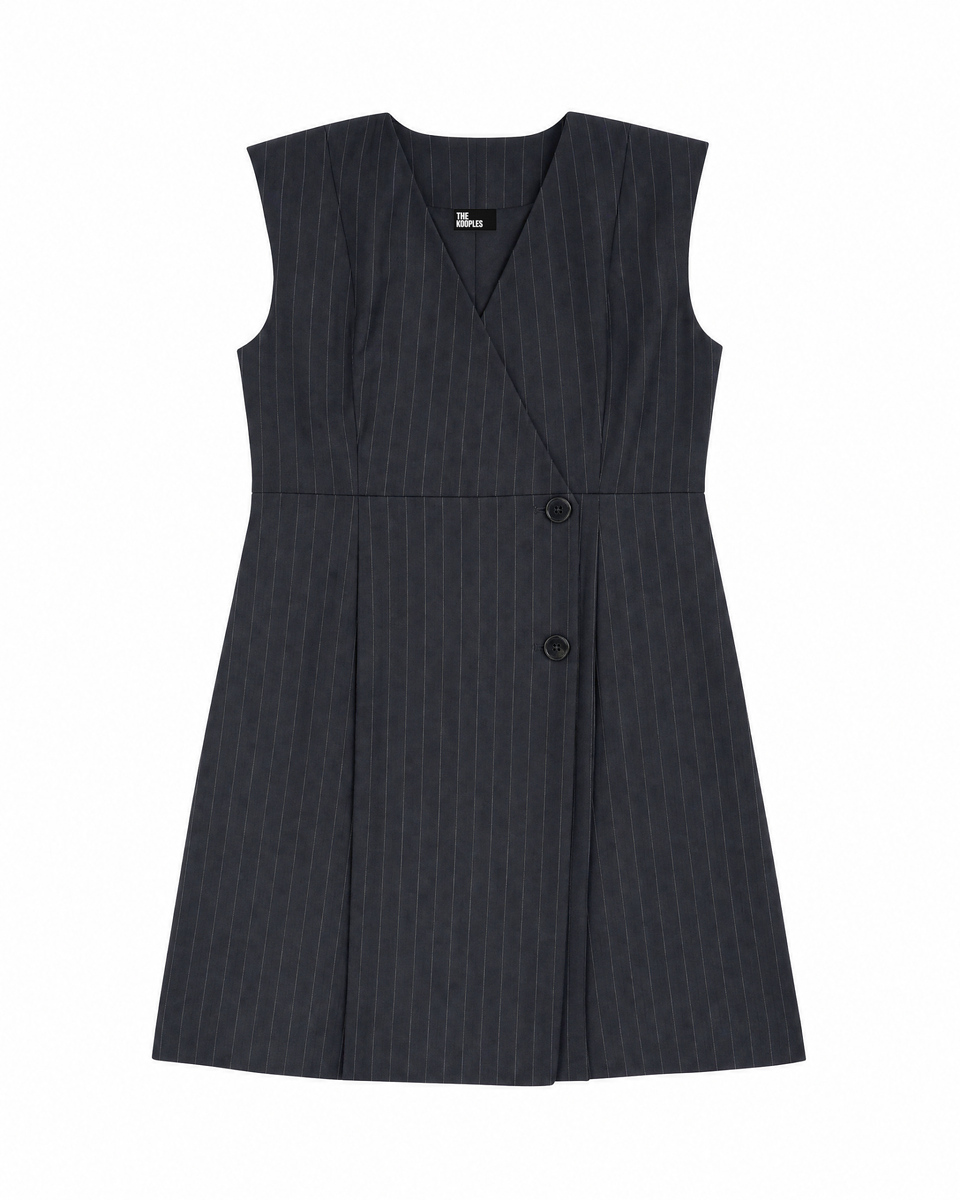 Short, wrap-style dress in navy-striped wool