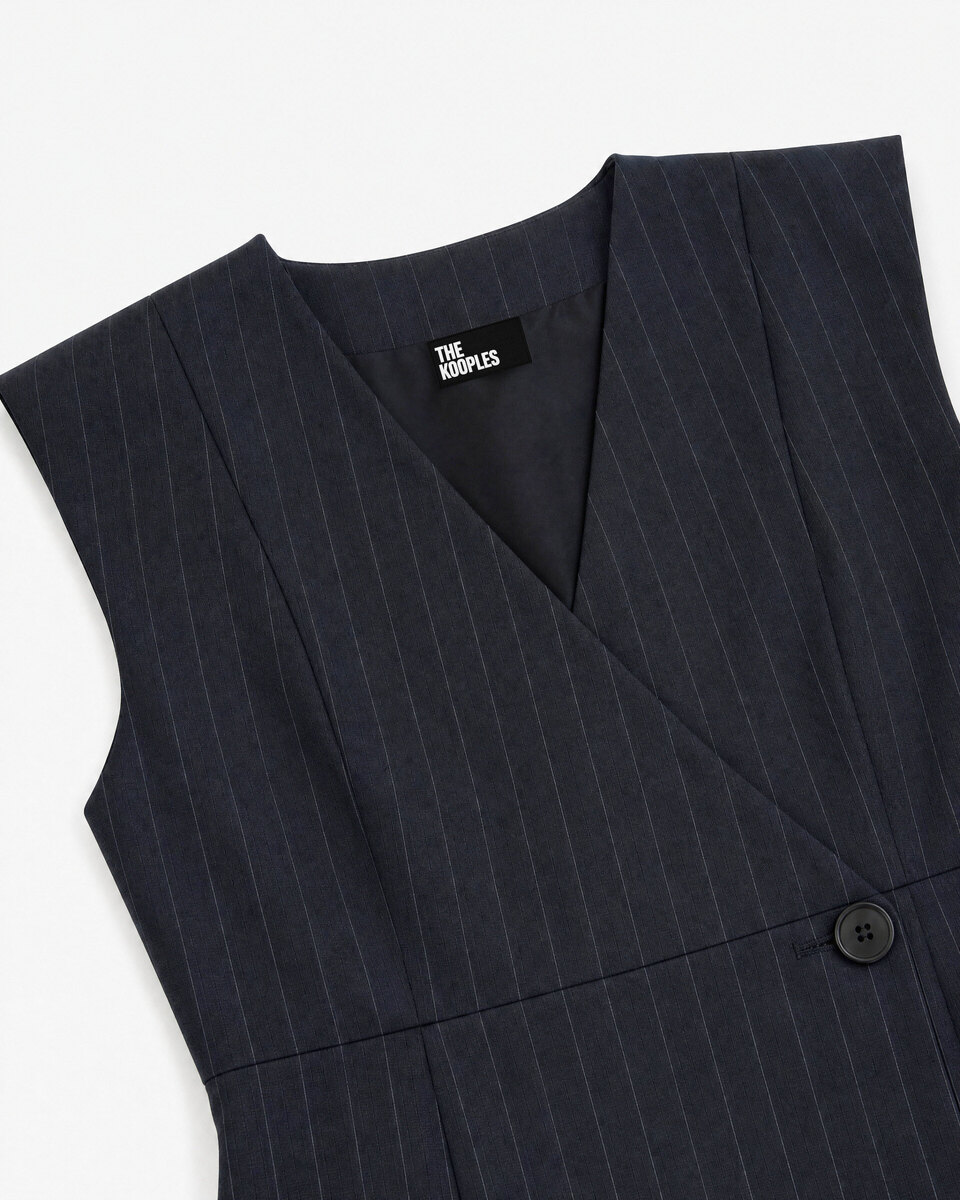 Short, wrap-style dress in navy-striped wool