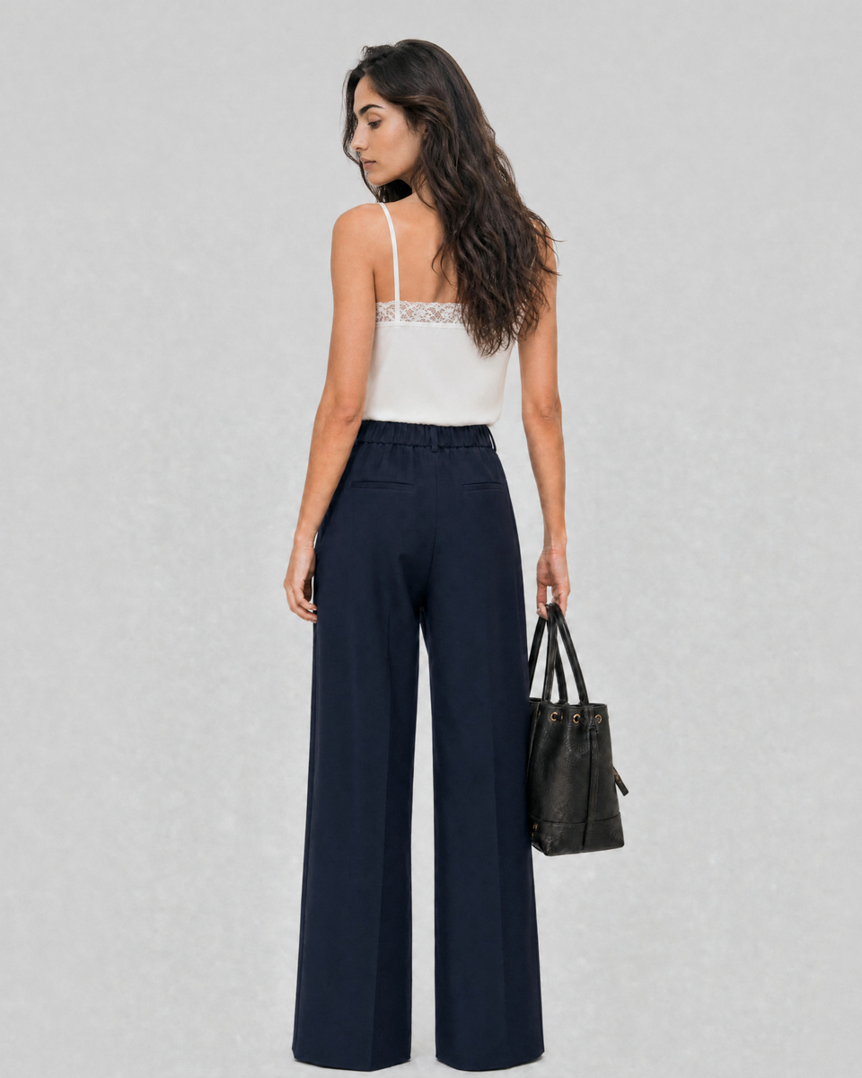 Wide-leg tailored pants in navy wool blend