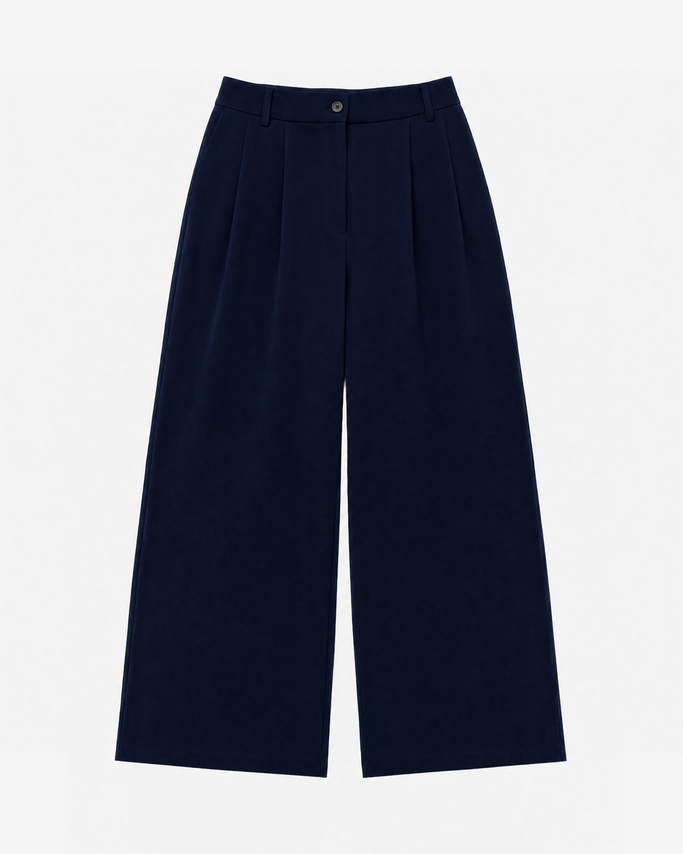 Wide-leg tailored pants in navy wool blend