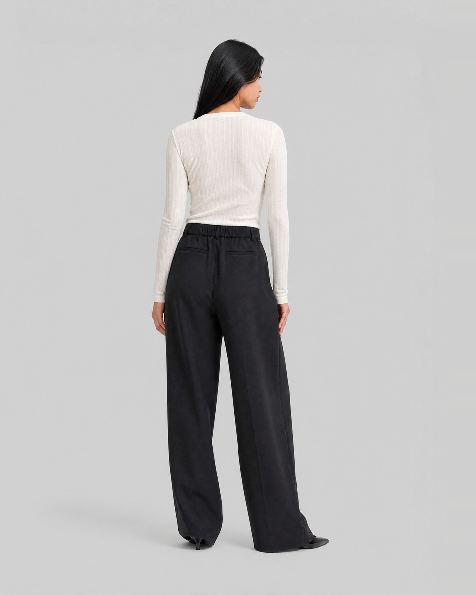 Wide-leg black wool-blend tailored pants