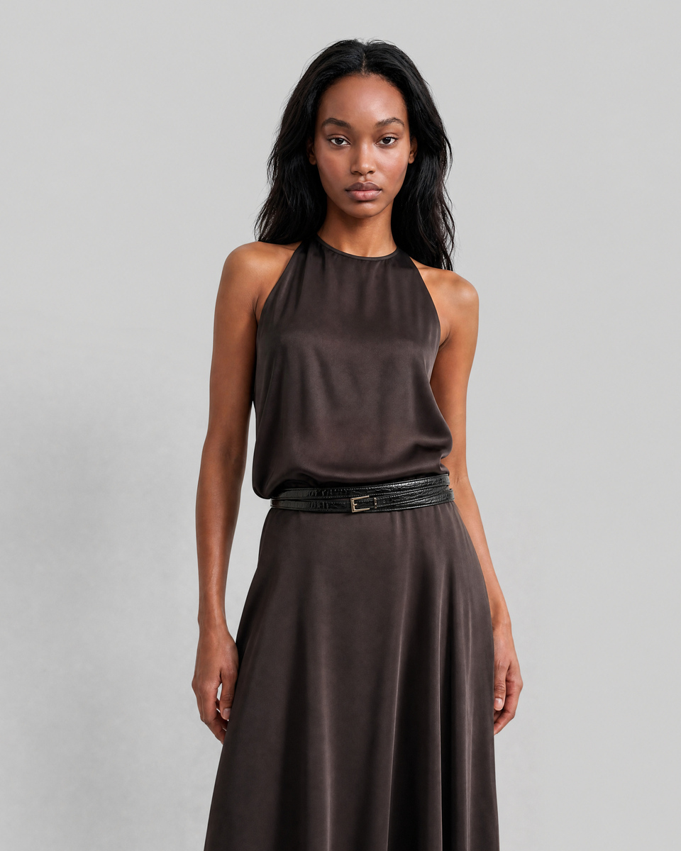 Brown satin maxi dress with a crossover back