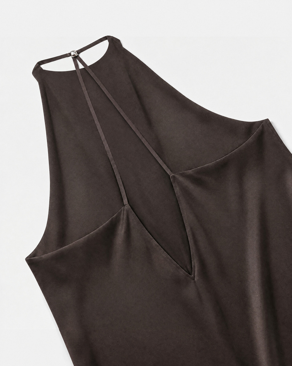 Brown satin maxi dress with a crossover back