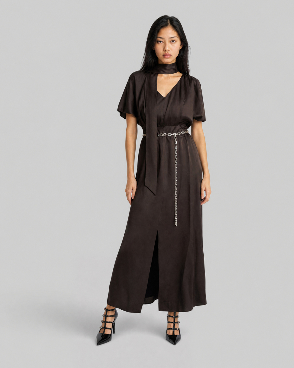 Brown satin maxi dress with a lavalli&egrave;re neckline
