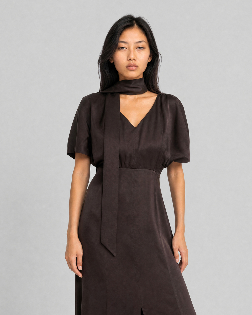 Brown satin maxi dress with a lavalli&egrave;re neckline