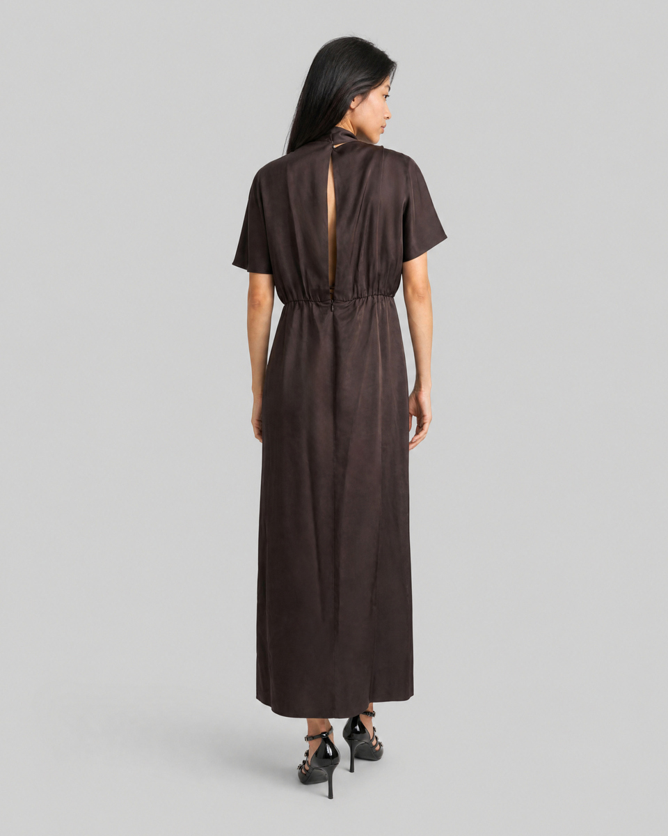 Brown satin maxi dress with a lavalli&egrave;re neckline