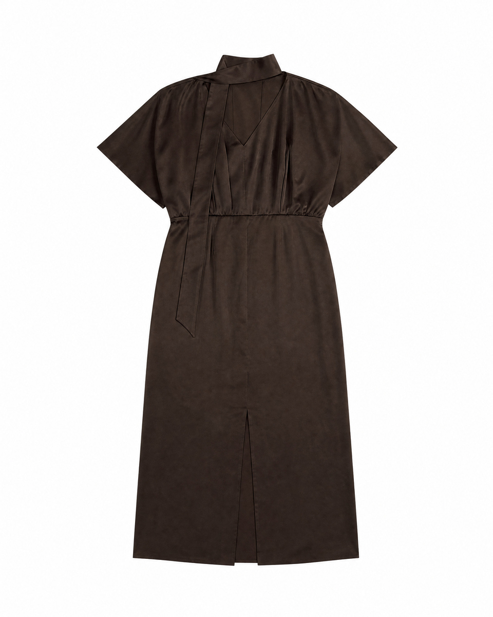Brown satin maxi dress with a lavalli&egrave;re neckline
