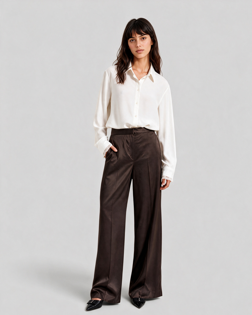Wide-leg brown satin pants