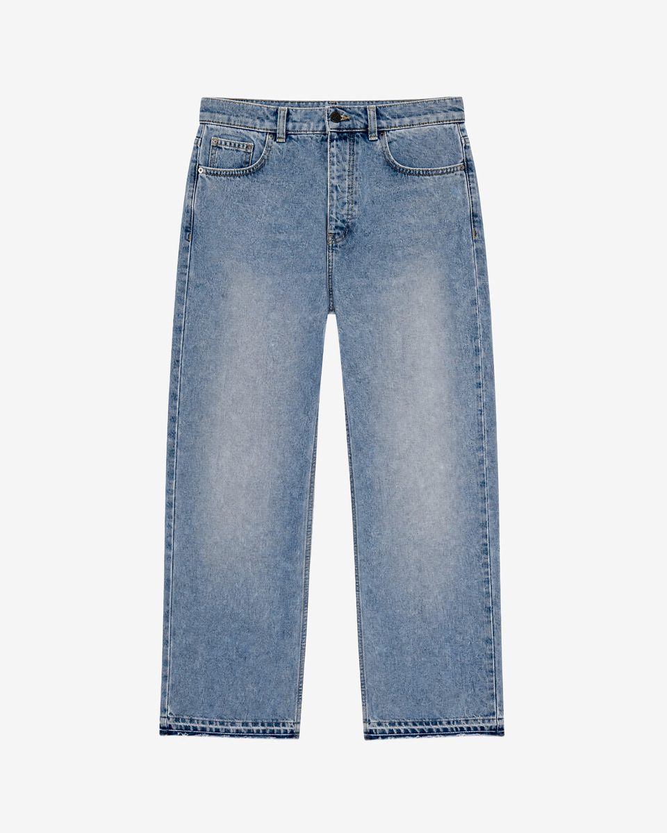Light blue straight-leg jeans with raw-edge hems