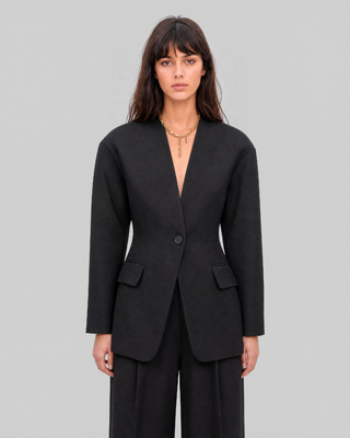 Black collarless wool jacket