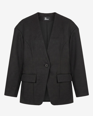 Black collarless wool jacket