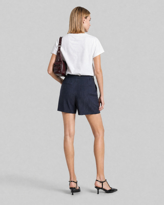 Short wool skirt with a navy fine-striped pattern 