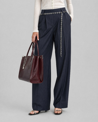 Wide-leg wool suit pants with a fine navy stripe pattern
