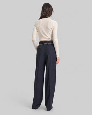 Wide-leg wool suit pants with a fine navy stripe pattern