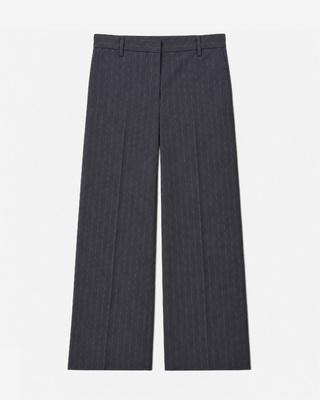 Wide-leg wool suit pants with a fine navy stripe pattern