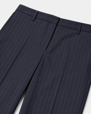 Wide-leg wool suit pants with a fine navy stripe pattern