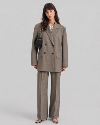 Wide-leg beige wool suit pants