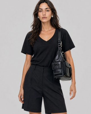Black cotton V-neck T-shirt