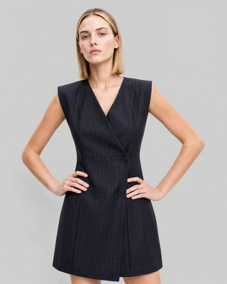 Short, wrap-style dress in navy-striped wool