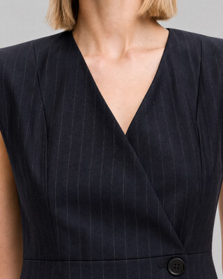 Short, wrap-style dress in navy-striped wool