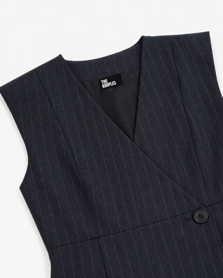 Short, wrap-style dress in navy-striped wool