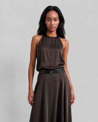 Brown satin maxi dress with a crossover back