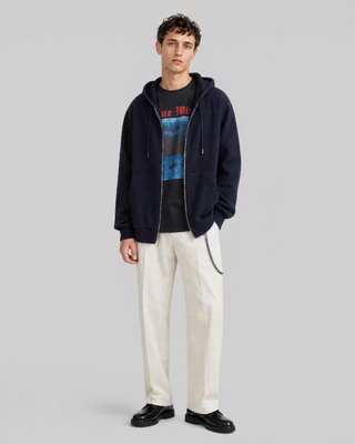 Navy Merino Wool Hooded Cardigan