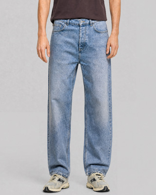 Light blue straight-leg jeans with raw-edge hems