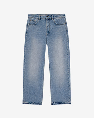 Light blue straight-leg jeans with raw-edge hems