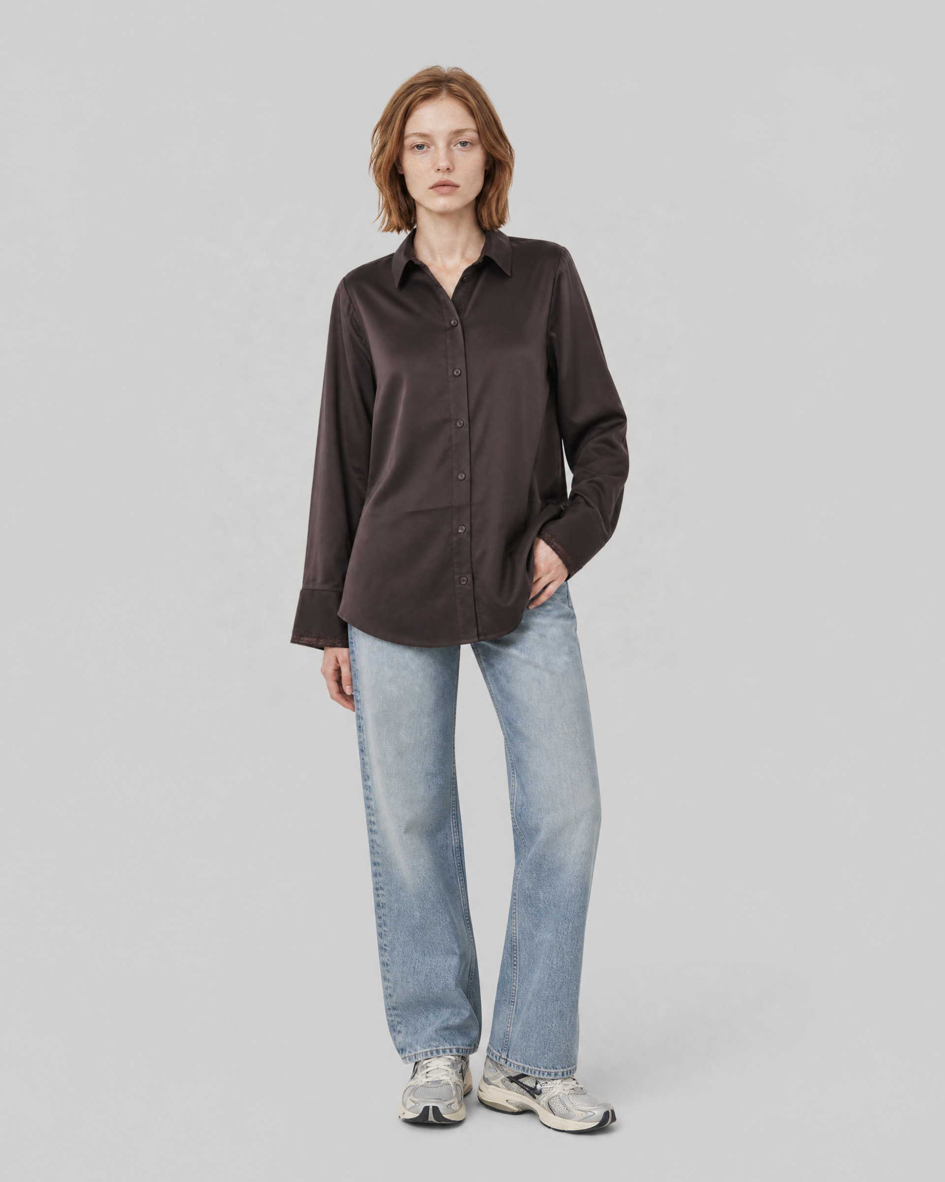 Silk blouse with brown lace