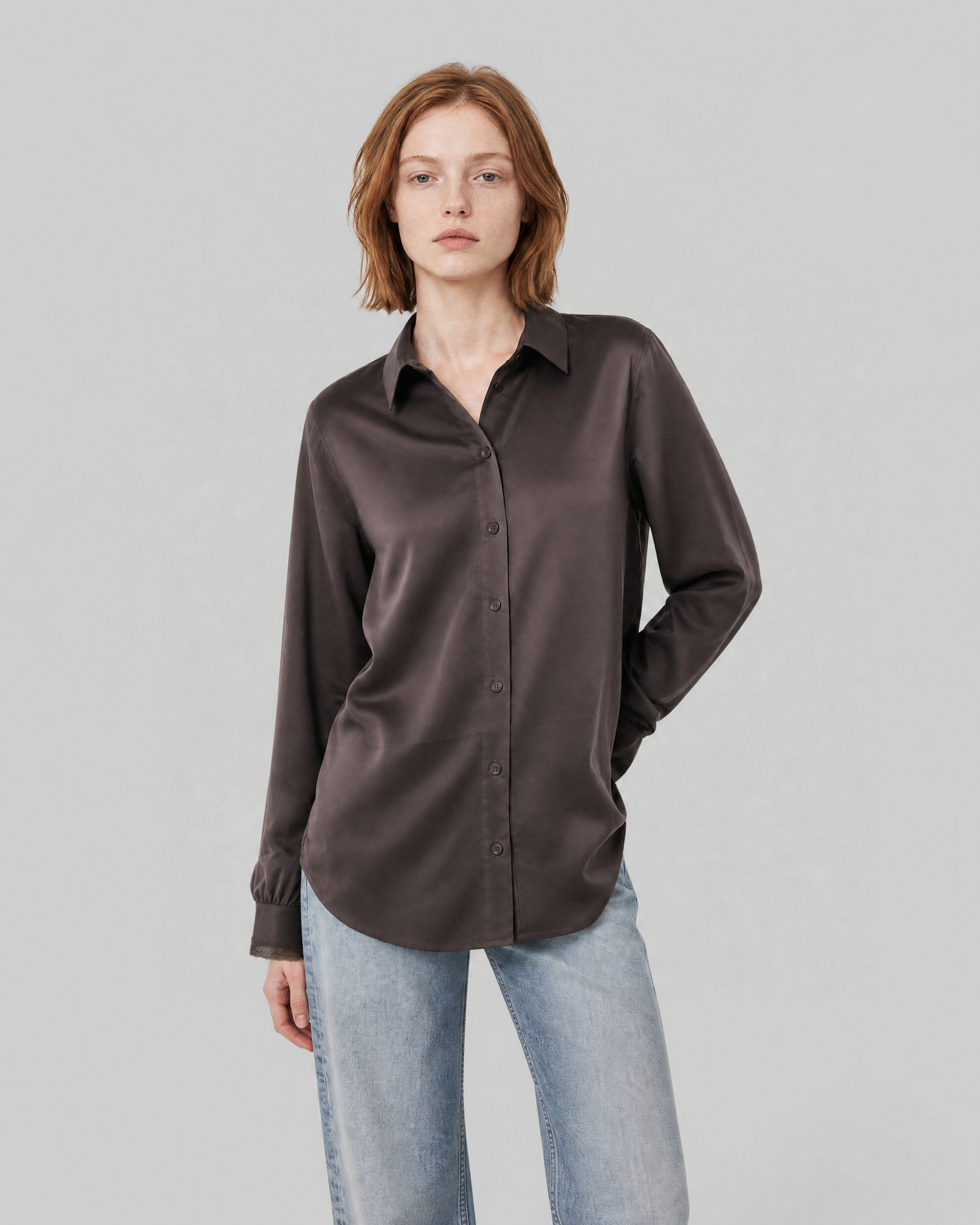 Silk blouse with brown lace