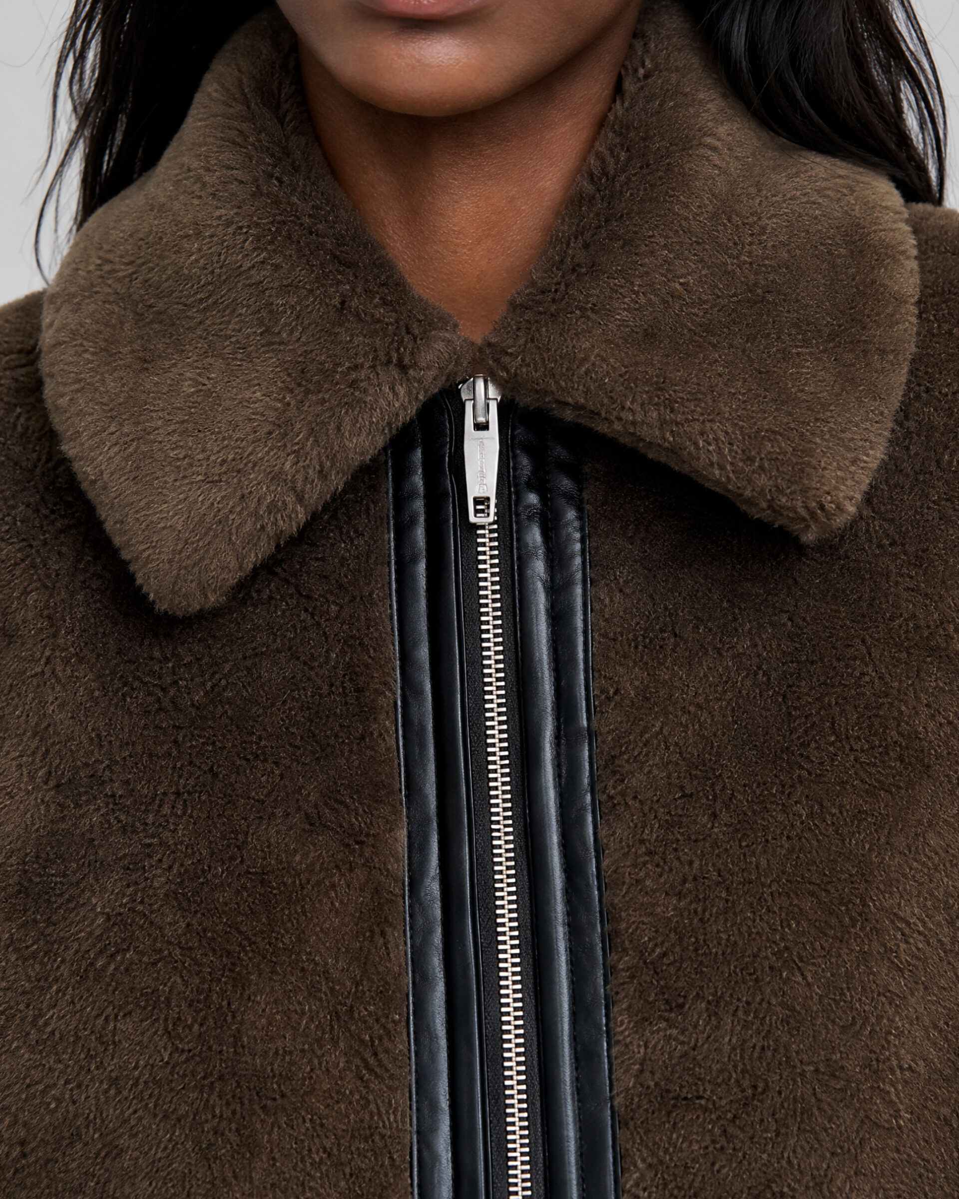 Reversible faux fur jacket in khaki and black