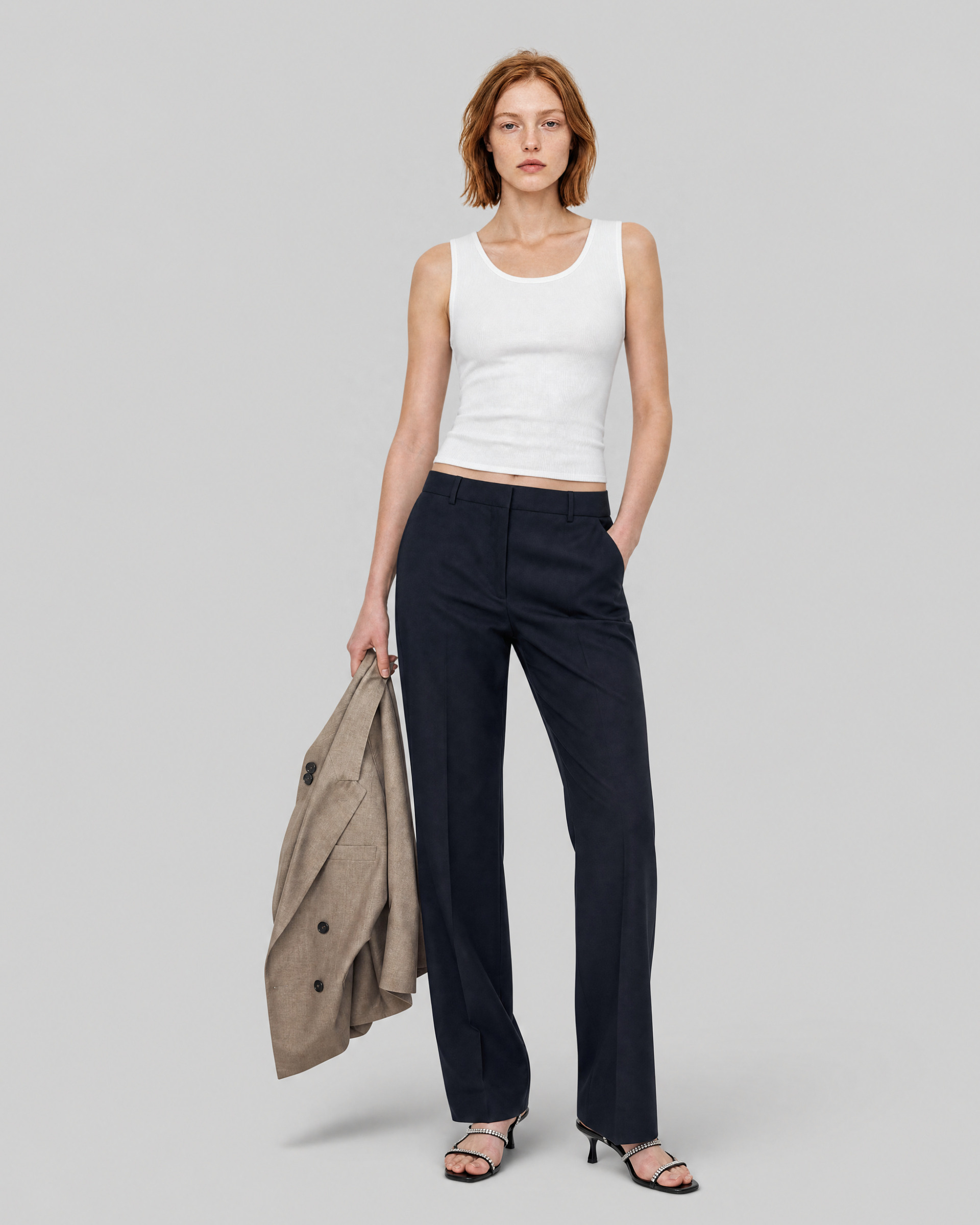 Fitted navy wool suit pants