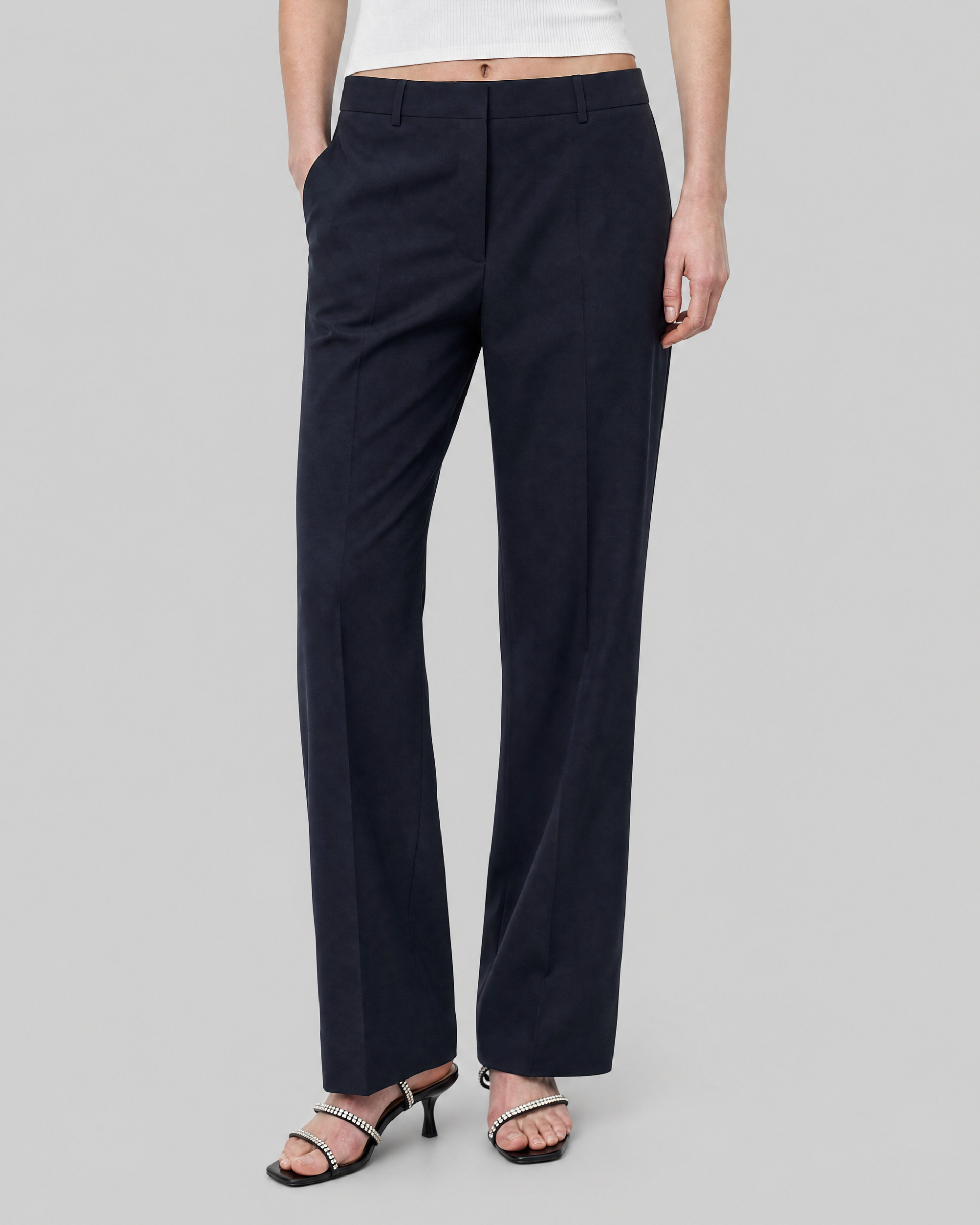Fitted navy wool suit pants
