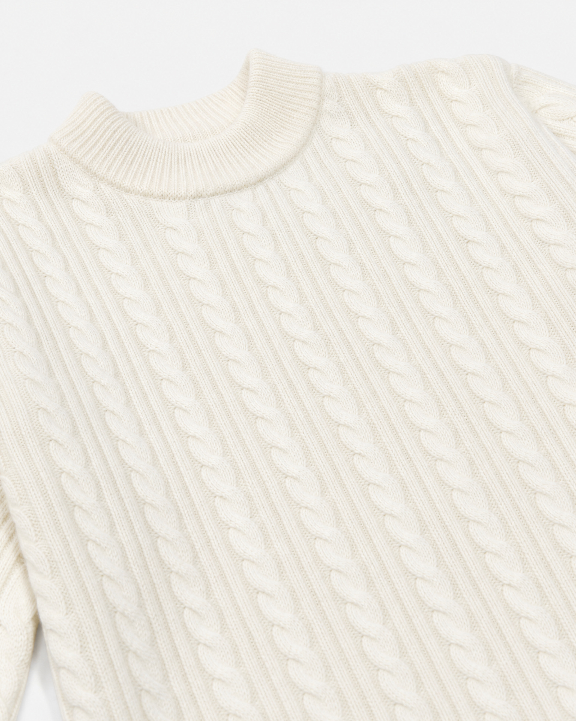 Ecru Wool Cable-Knit Crew Neck Sweater