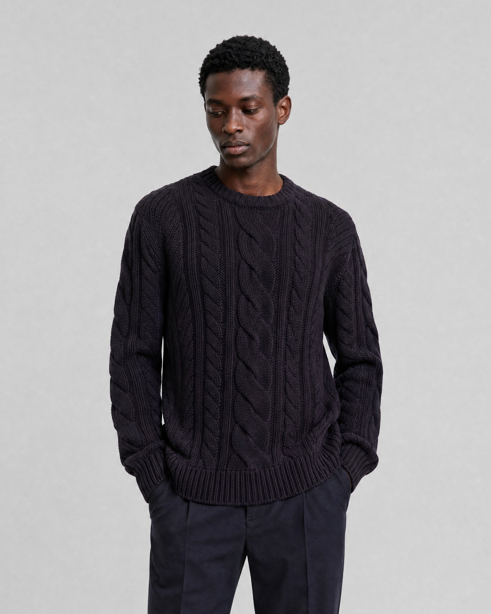 Navy Wool Cable-Knit Crew-Neck Sweater