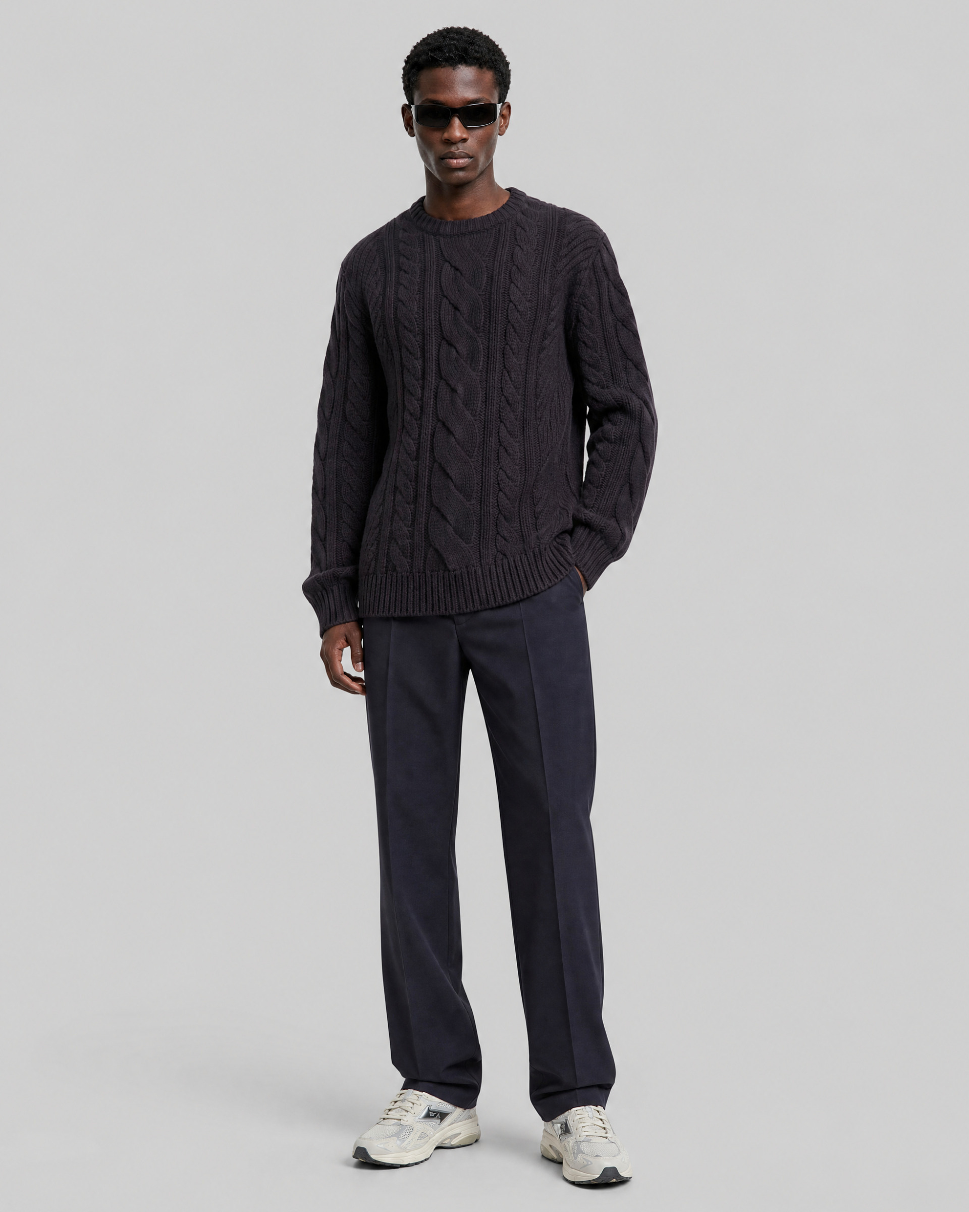 Navy Wool Cable-Knit Crew-Neck Sweater