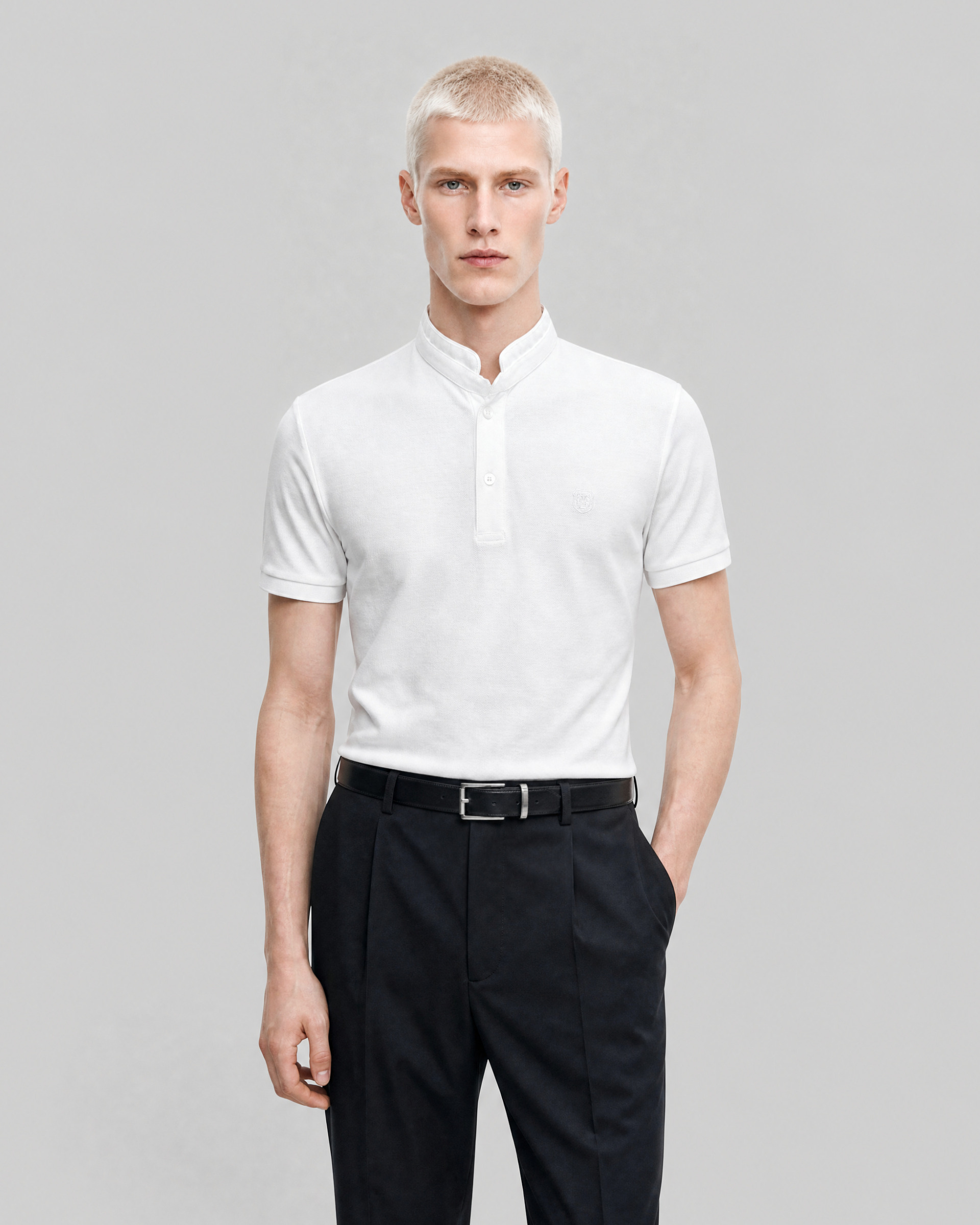 White polo shirt with a stand-up collar