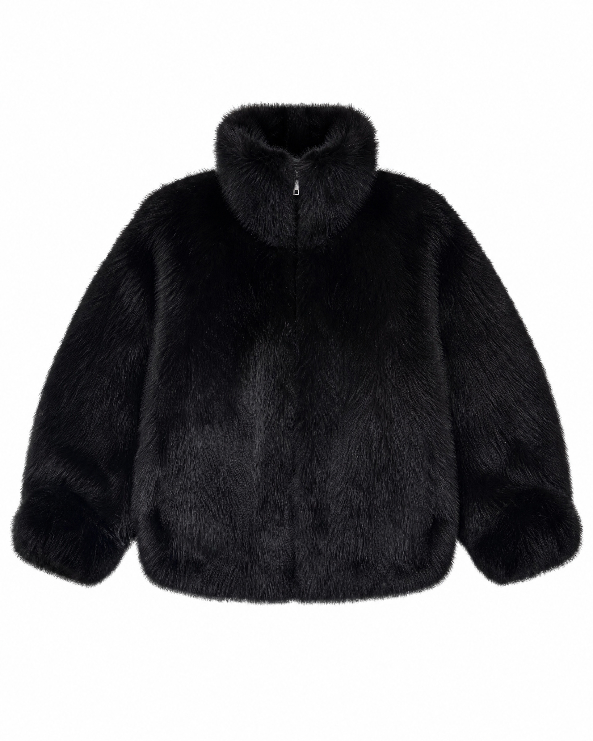 Black faux fur coat with a high collar