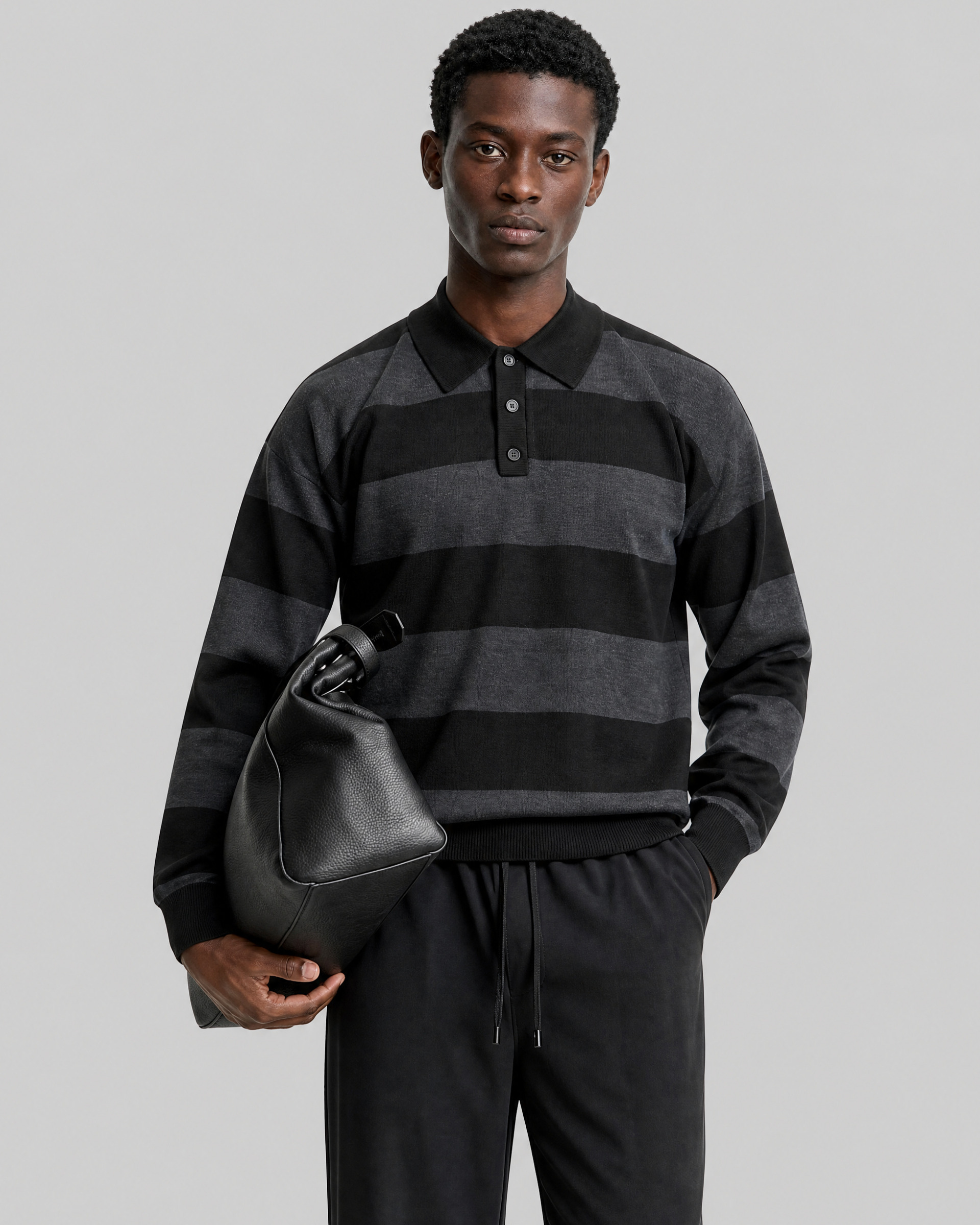 Gray Striped Wool Polo-Neck Sweater