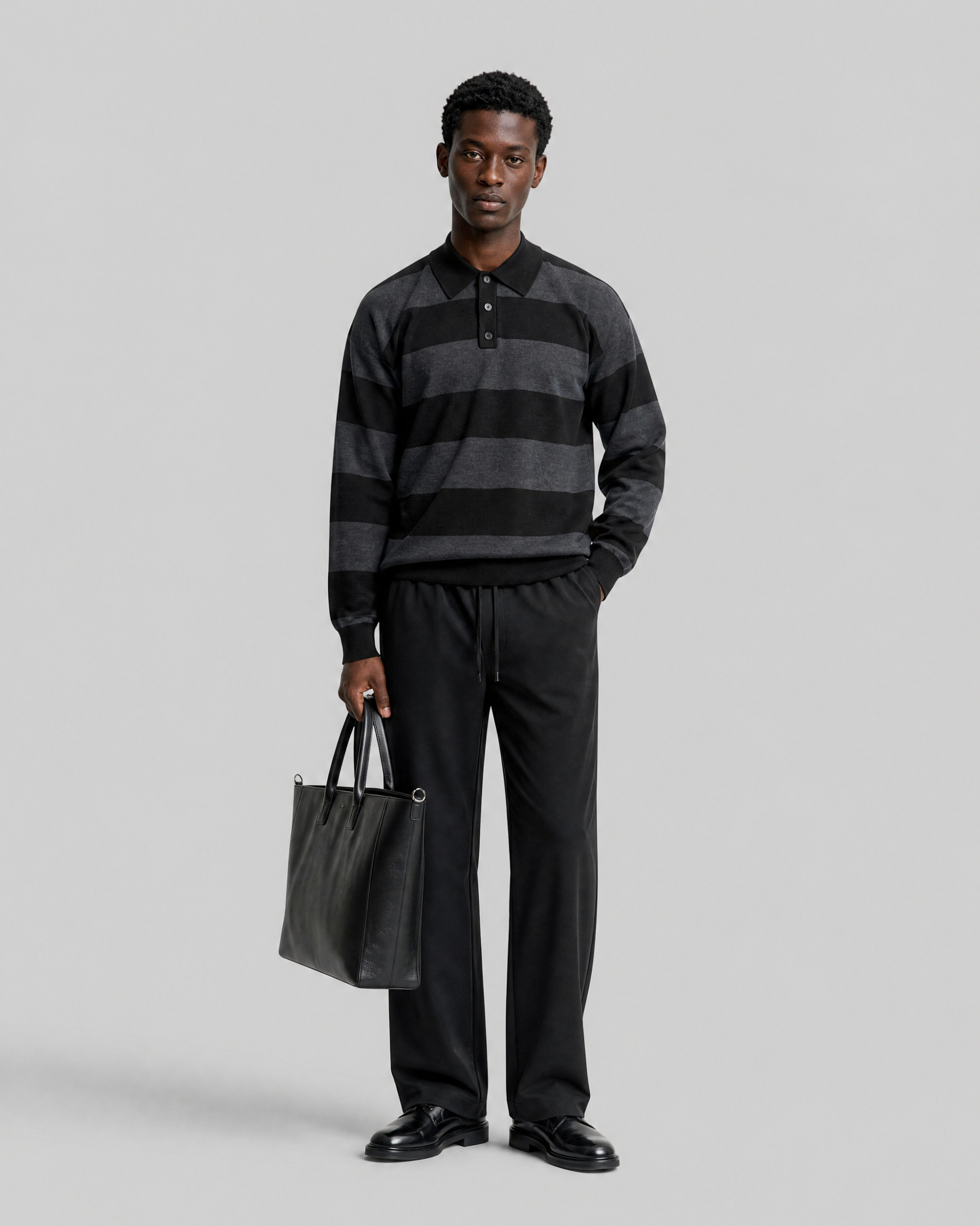 Gray Striped Wool Polo-Neck Sweater