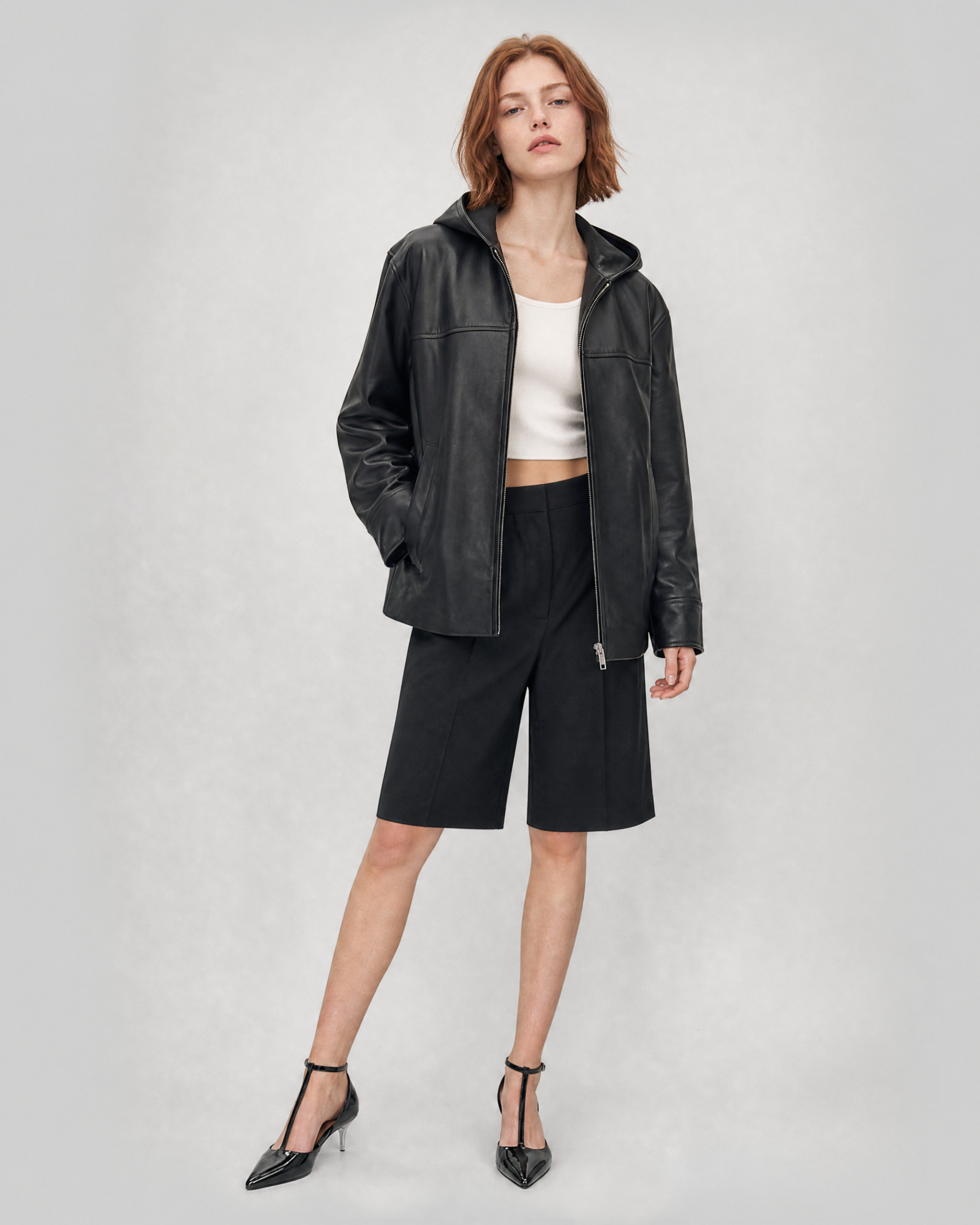 Black hooded leather jacket