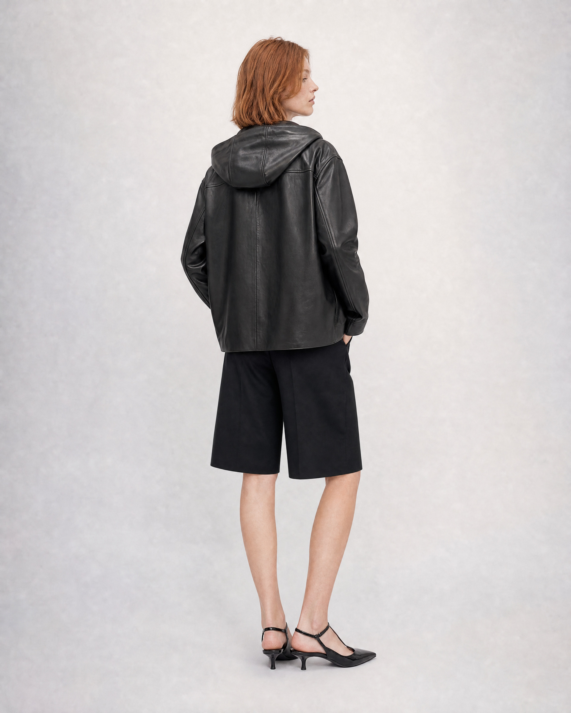 Black hooded leather jacket