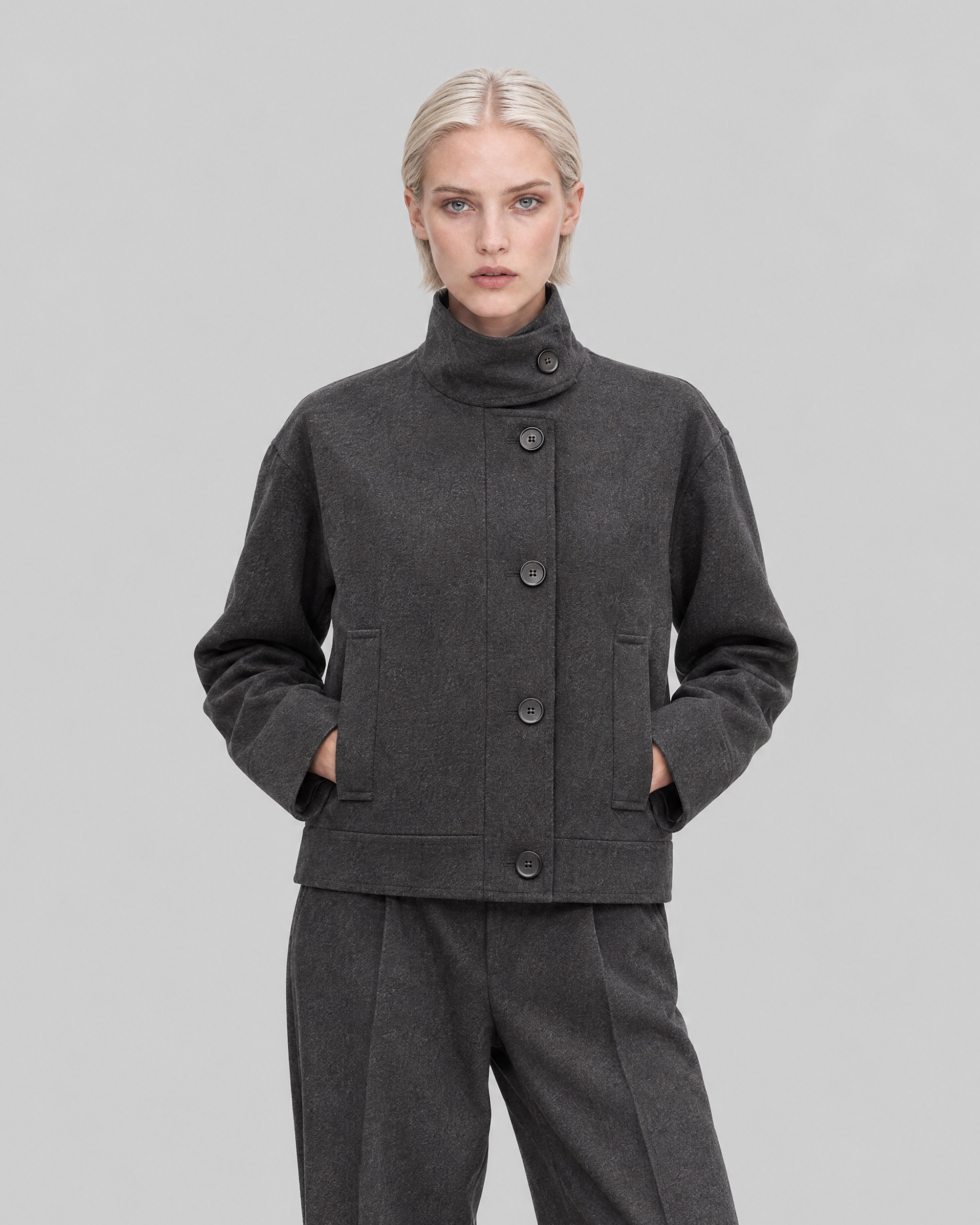 Anthracite Gray Wool Jacket with a Stand-Up Collar
