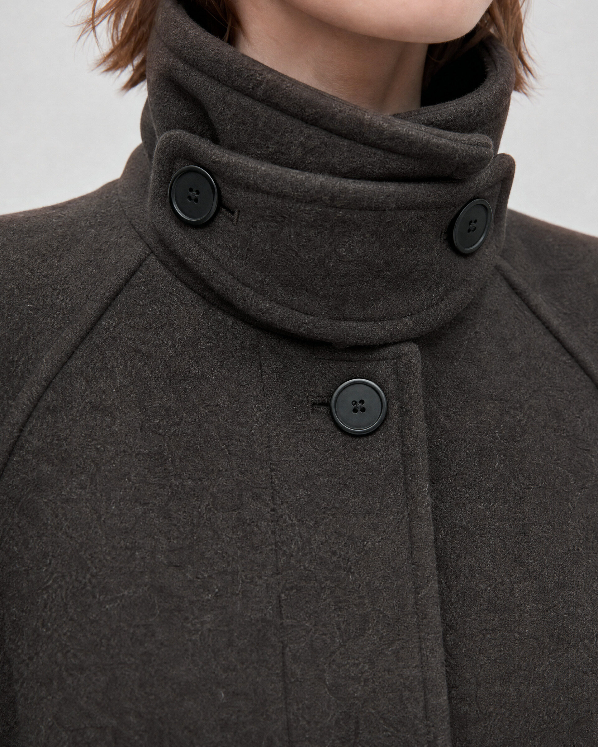 Brown wool-blend coat with a stand-up collar